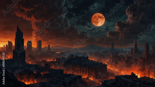 The image is a dark and gloomy city with large buildings and a red moon in the background. There are fires burning in the foreground and the city appears to be in ruins.   © muhammadahetesham