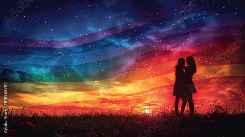 Silhouette of a family consisting of two mothers, two fathers, or non-binary parents, standing together under a rainbow flag, embracing each other in a symbol of unity and equality. photo