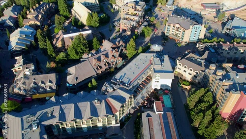 Orbiting Aerial of Hotels and Shops in Whistler Village Canada