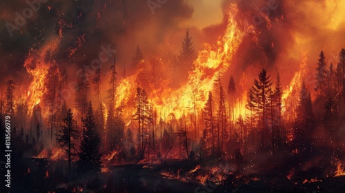 strong forest fire on a summer day. the fire element destroys trees in the forest photo