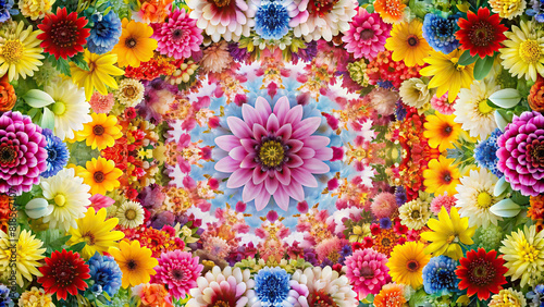 Colorful blossoms arranged in a symmetrical pattern  framing the edges of the image with natural beauty.