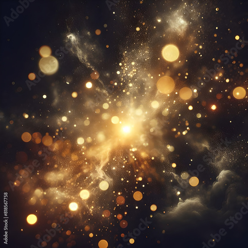 Abstract defocused yellow light in the bokeh style, golden dust, particles on a black background