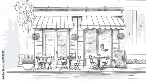 Drawing of sidewalk cafe or restaurant with tables an