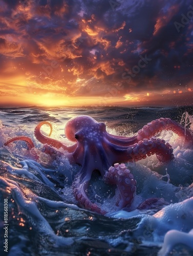 medusa pequeÃ±a nadando al amanecer, fotografÃ­a medusa en el mar y el cielo. photo