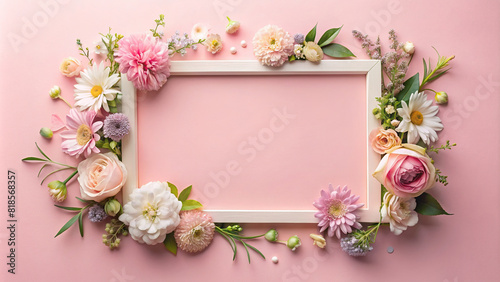 Pastel flowers elegantly laid out in a rectangular frame on a soft pink background  perfect for text overlay.