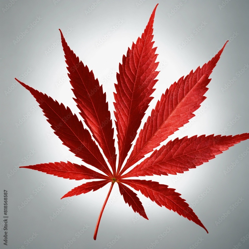 Designed by 8k resolution,hyper realistic, detailed render,beautiful red marijuana leaf in center on white background , product photo
