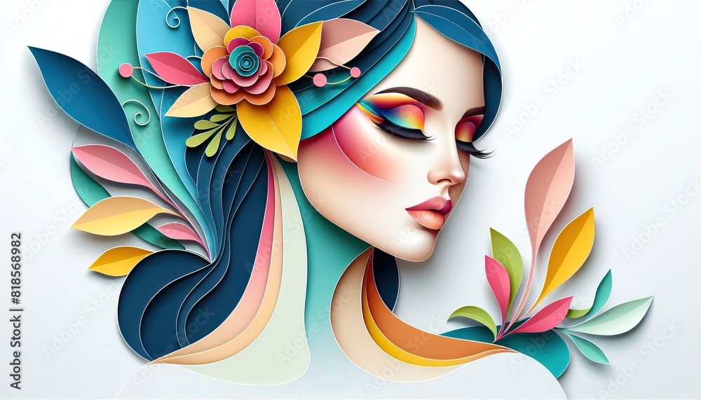 Woman adorned with a vibrant bouquet of paper art flowers