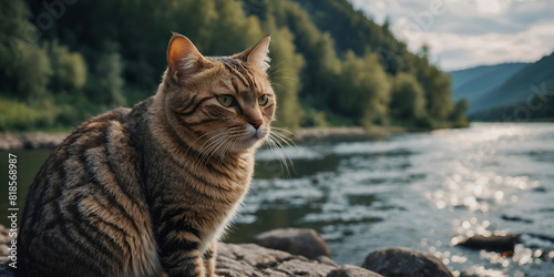 Serene Tabby Cat Relaxing on Mossy Rock by Tranquil River