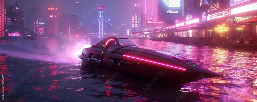 A cyberpunk boat with neon lights and hightech equipment, floating on a futuristic city lake, Cyberpunk, Digital Art
