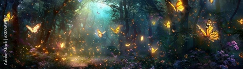 Enchanted butterflies with glowing patterns on their wings, flying gracefully in a magical forest filled with shimmering light and mystical flora