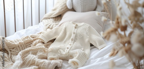 Adorable cotton baby suit, delicate patterns, displayed on a cozy, fluffy blanket. 
