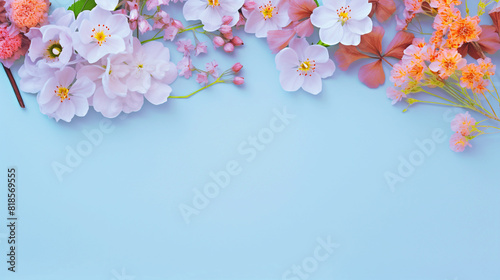 Photo of anemones and cosmos on a pastel background, a floral flat lay with a minimalist composition in high-resolution photography with high quality and high detail. 