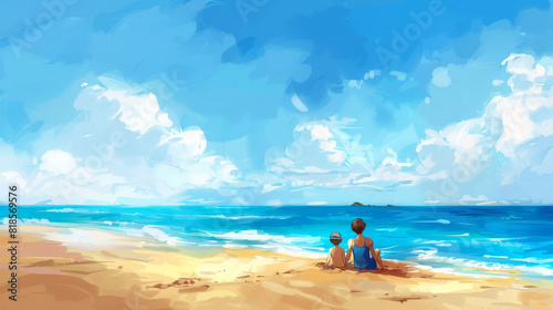 A mother and child sit by the seaside beach. They both enjoy gazing at the sky and playing in the calm waters, feeling as free and content.