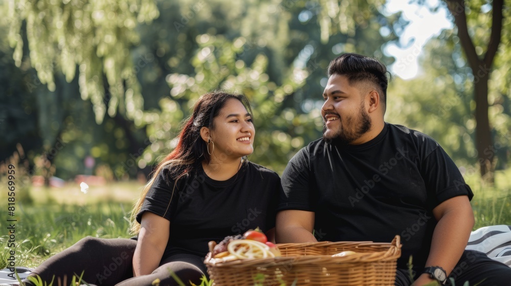 Plus-size young couple in black t-shirts mockup, having a picnic date in the park Plus-size young couple in black t-shirts mockup, having a picnic date in the park
