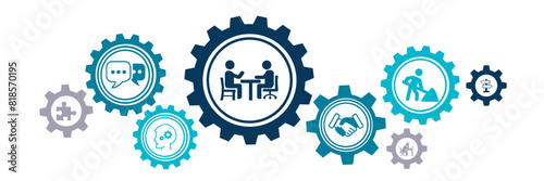 Mental health / psychotherapy vector illustration. Blue concept with icons related to counseling, psychiatric consultation or help, therapy, psychology, psychological support.