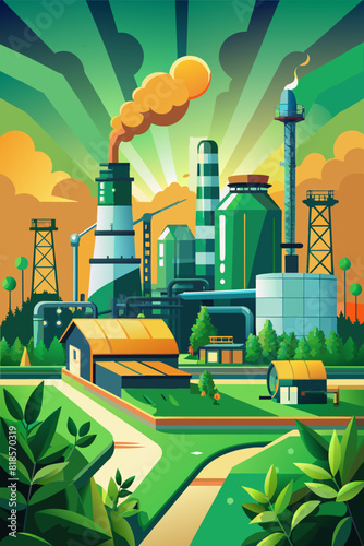 Vibrant Illustration of Industrial Factory Amidst Green Landscape