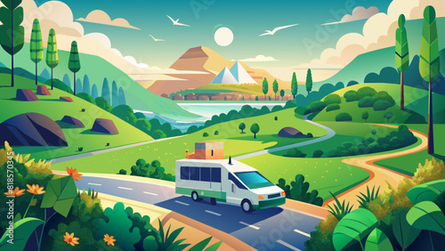 Serene Landscape Scenery with Traveling Camper Van on Scenic Route