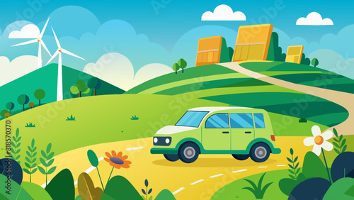 Eco-Friendly Travel: Green Car on Countryside Road with Wind Turbines