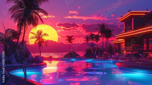 A hightech beach party with neon lights  futuristic music equipment  and holographic dancers  Pop Art  Digital Illustration