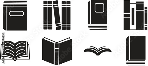 Set of Books pages glyph icons. Filled signs for mobile concepts and website designs. Black Books vectors icons Symbols, logos illustrations collection isolated on transparent background.
