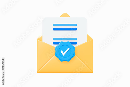 3D Open envelope with paper and check mark. Approved document. Verified message. Email with stamp. Confirmation letter. Completed task or survey. Cartoon design icon. 3D Vector illustration