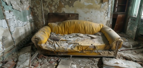 Desolate living area with a worn-out, broken bed, symbolizing the struggles of homelessness. 