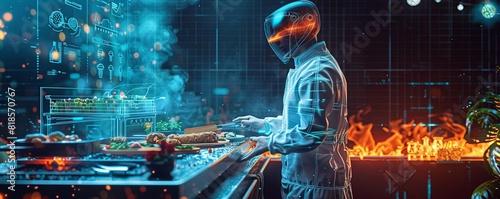 A holographic barbecue with virtual food, AI chefs, and a digital backyard setting, Futuristic, Digital Painting2 photo