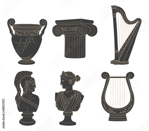 Various Antique statues, branch, amphora, column. Mythical, ancient greek or roman style. Hand drawn Vector illustration