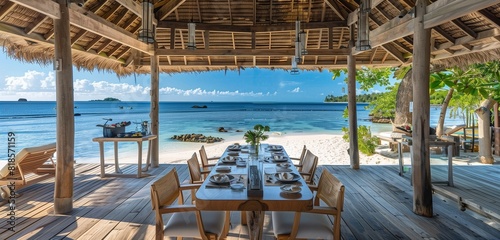 Serene beachside gazebo featuring a sophisticated dining area  offering breathtaking ocean views in a tropical setting. 