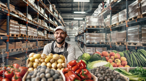 Fototapeta Naklejka Na Ścianę i Meble -  A man stands confidently among a vast array of colorful fruits and vegetables in a bustling warehouse