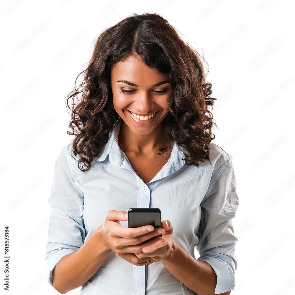 Happy Young Woman Enjoying Smartphone Use on Transparent Background Perfect for Technology and Social Media Themes Happy Young Woman Enjoying Smartphone Use on Transparent Background Perfect for Technology and Social Media Themes