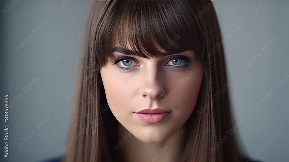 A close-up portrait of a young woman with brown hair and blue eyes. The softly grey background and soft lighting highlight her striking features and serene expression