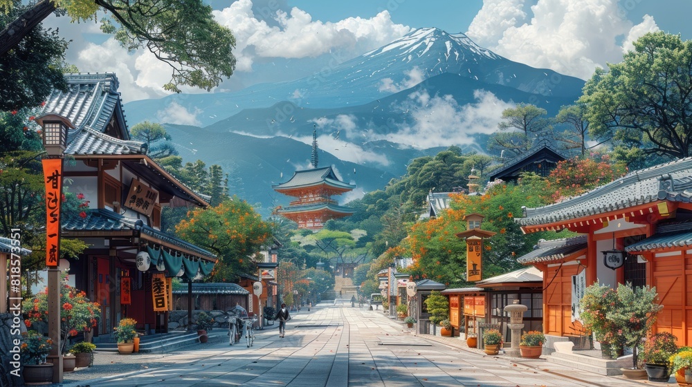 Fototapeta premium Peaceful Japanese festival scene with simple banners and soft hues