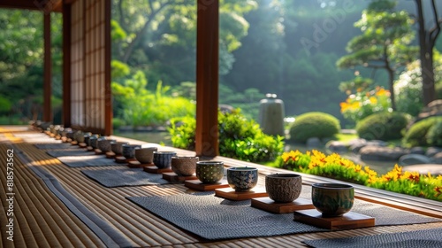 Peaceful Japanese festival with minimalistic sake setup and traditional cups photo