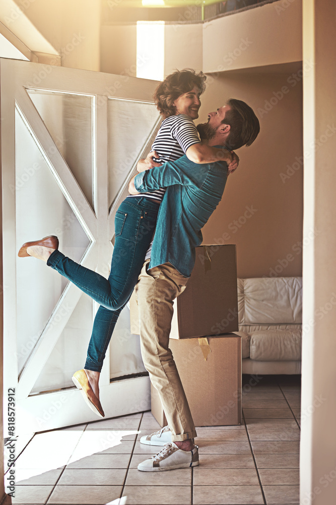 Front door, hug and couple moving in, boxes and excited with goals, achievement and love. Embrace, mortgage and man with woman, entrance and property with joy, home and celebration with real estate Front door, hug and couple moving in, boxes and excited with goals, achievement and love. Embrace, mortgage and man with woman, entrance and property with joy, home and celebration with real estate
