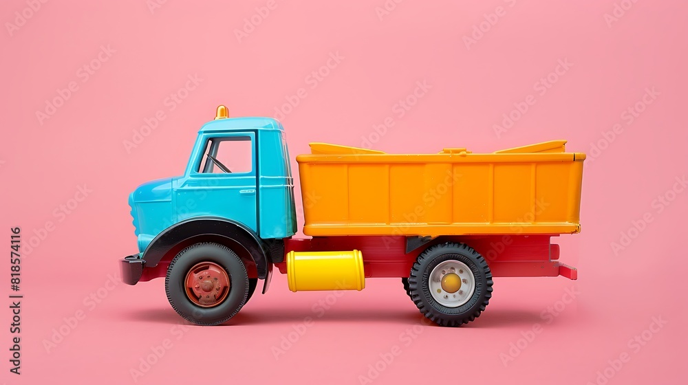 Colorful toy truck on a pink background