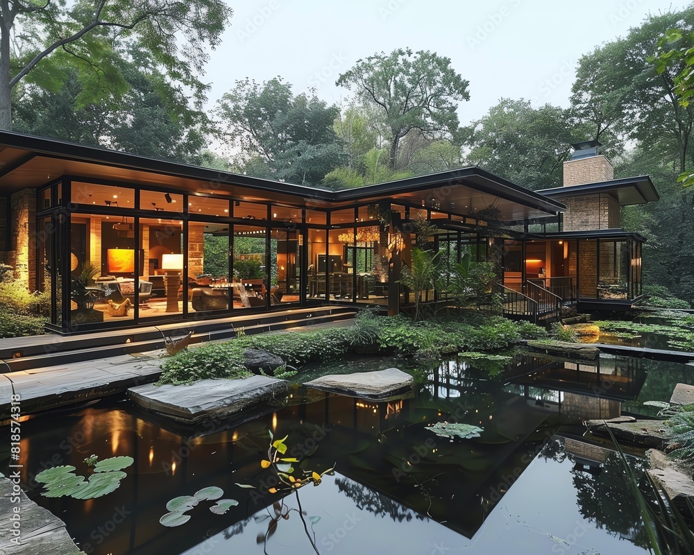 Discuss the aesthetic and functional aspects of a modern house set in lush greenery with a tranquil pond and large glass windows Discuss the aesthetic and functional aspects of a modern house set in lush greenery with a tranquil pond and large glass windows