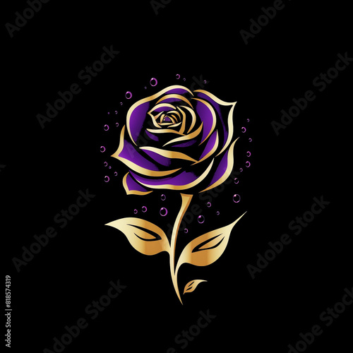 Shiny Texture Gold and Purple Rose Icon on a Black Background