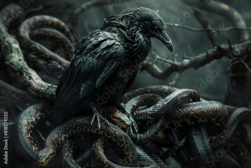Chick baby surrounded by snakes in mortal danger of poisonous reptiles. Rook crow crow surrounded by python anaconda strangler photo