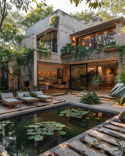 How does a modern home with a garden and pond promote tranquility and a connection to nature through its design