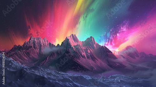 Radiant Aurora Borealis Illuminating Mountain Range - Illustration of Natural Beauty and Diversity in Mystical Vibrant Hues