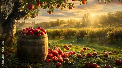 A bountiful apple orchard bathed in golden sunset hues