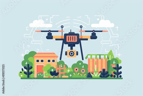 Smart farming and hybrid technology, drone operation for monitoring fields, digital agriculture vehicle, aerial view of tulip cultivation, precision agriculture, and vector farming digitalisation