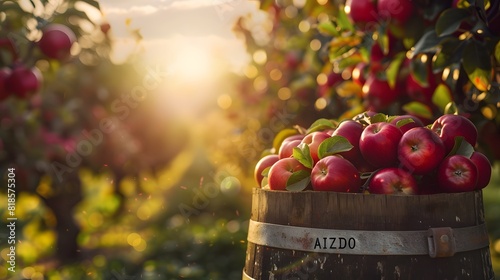 A bountiful harvest of apples basks in the golden sunset