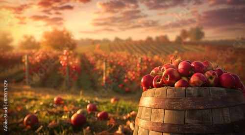 A bountiful harvest of apples bathed in the warm glow of a sunrise