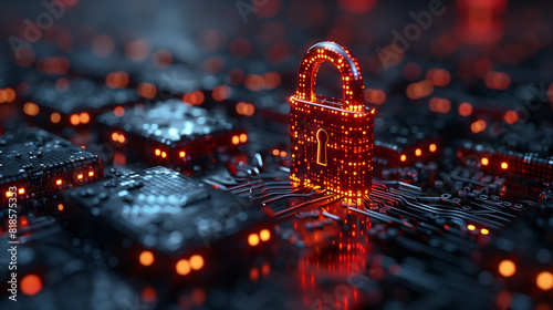 Glowing lock-shaped cyber structure among circuit city lights. Concept of digital security and technology.