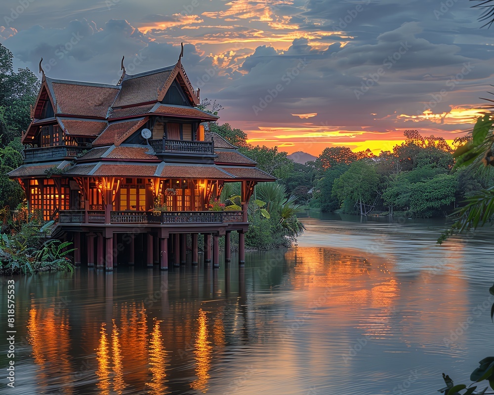 Obraz premium A beautiful traditional Thai house on a river. The house is made of wood and has a steeply pitched roof. The river is surrounded by lush vegetation and the sky is a deep orange.