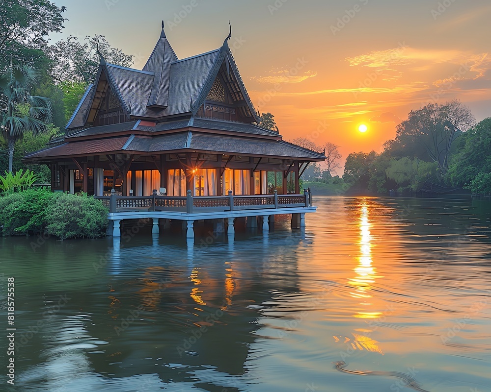 Obraz premium A beautiful Thai house on a river at sunset