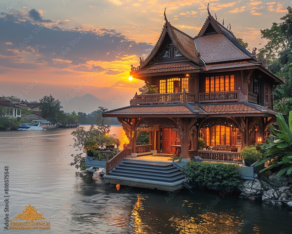 Obraz premium A beautiful traditional Thai house with intricate wooden carvings and a red roof, surrounded by lush gardens and overlooking a peaceful river