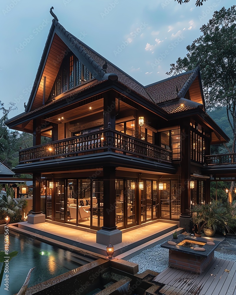 Design a modern Asian style house with natural materials. The house should have a lot of open space and natural light. The house should be located in a tropical setting. Design a modern Asian style house with natural materials. The house should have a lot of open space and natural light. The house should be located in a tropical setting.